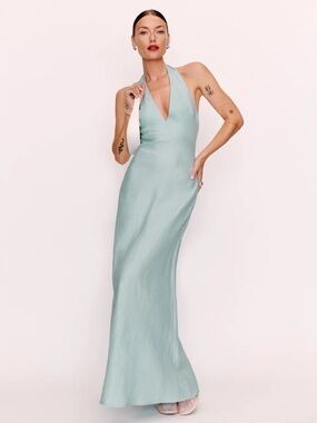Reformation Delilah Linen Halter Dress in Aquamarine